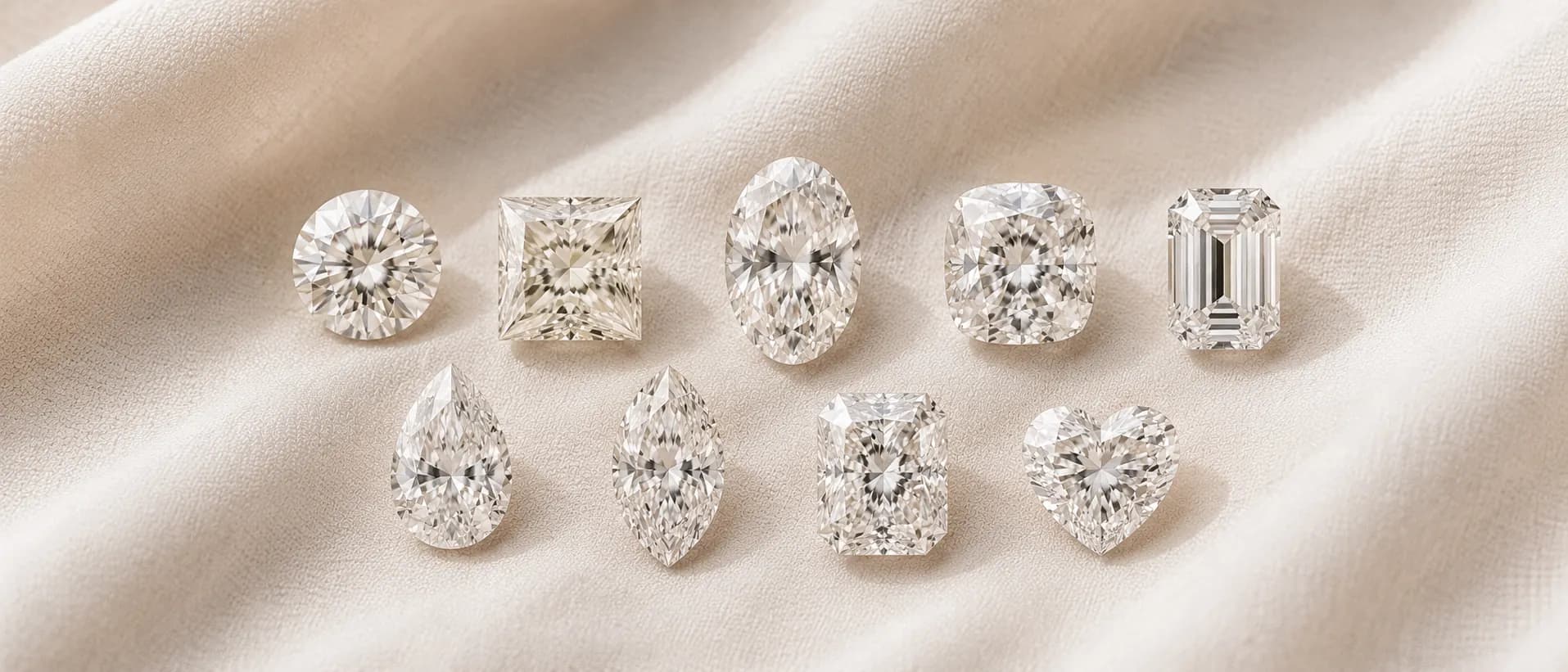 Diamond engagement ring shapes including round, oval, princess, cushion, emerald, pear, marquise, radiant, and heart cuts on cream linen