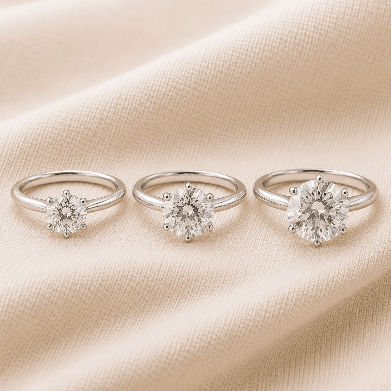 Solitaire engagement rings in 1, 2, and 3 carat sizes shown together at ATL Luxury Jewelers Atlanta