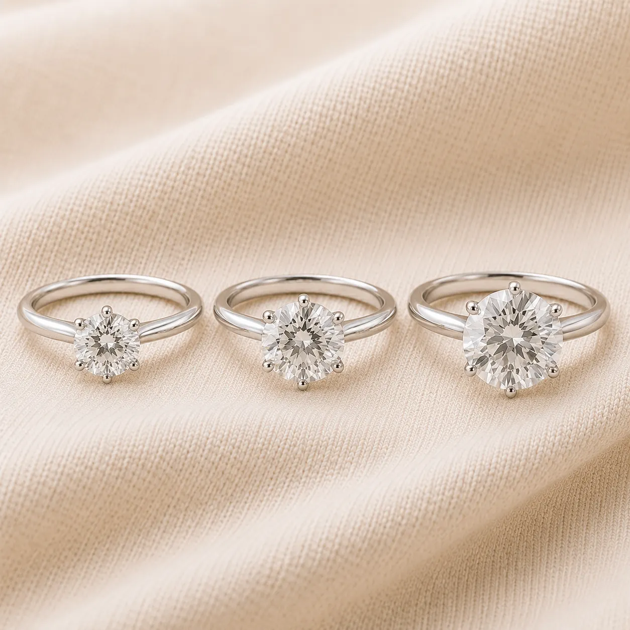 Solitaire engagement rings in 1, 2, and 3 carat sizes shown together at ATL Luxury Jewelry Atlanta