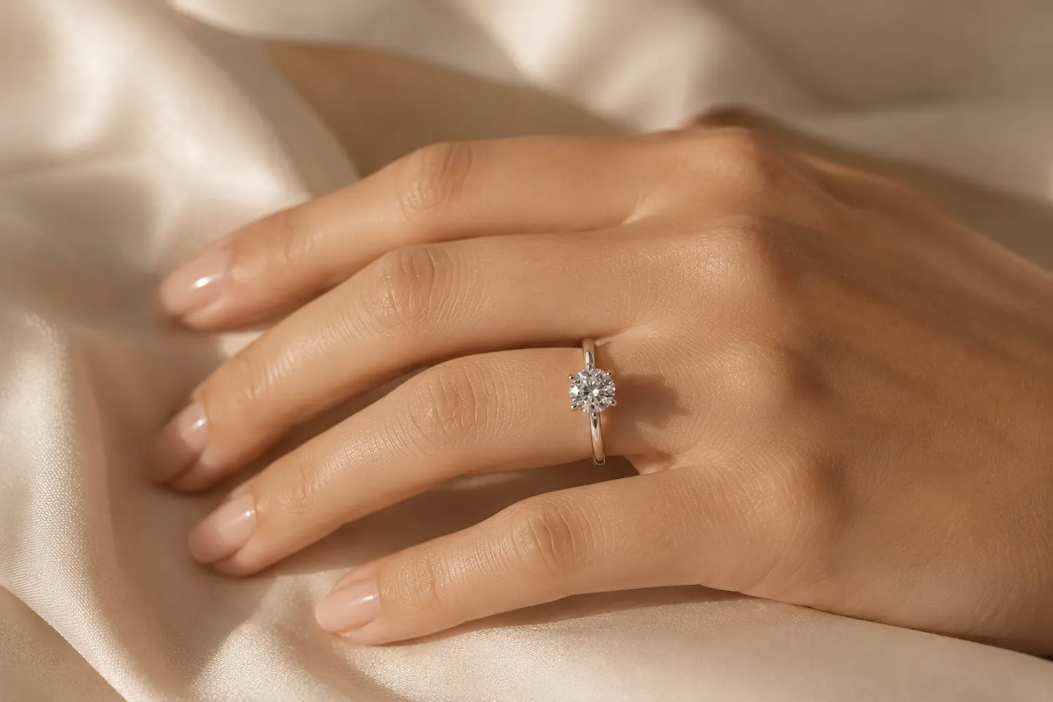 Solitaire diamond engagement ring on a woman's hand resting on cream silk