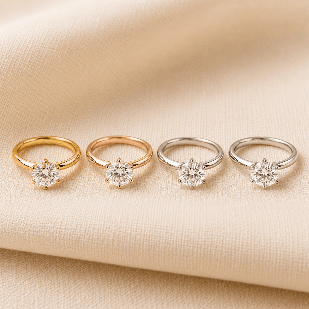 Solitaire engagement rings in white gold, yellow gold, rose gold, and platinum at ATL Luxury Jewelers Atlanta