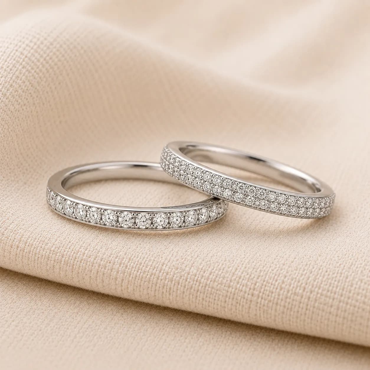 Diamond stackable rings — pavé and half-eternity bands in white gold and platinum at ATL Luxury Jewelry Atlanta