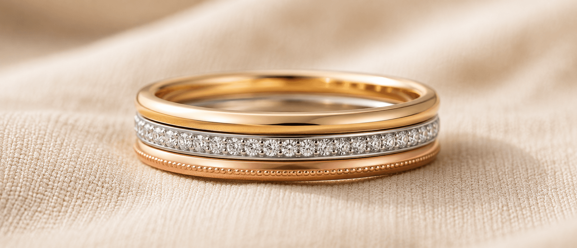 Stackable diamond and metal rings layered on cream linen, handcrafted at ATL Luxury Jewelers in Atlanta