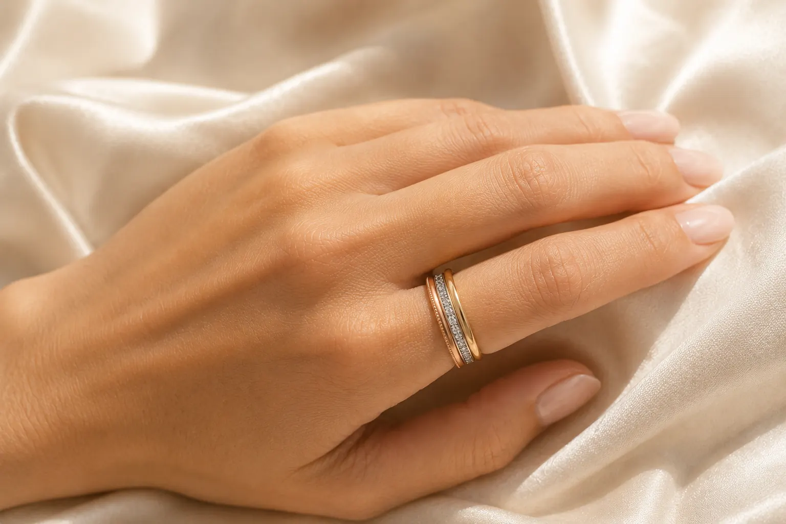 Stackable rings layered on a woman's hand resting on cream silk