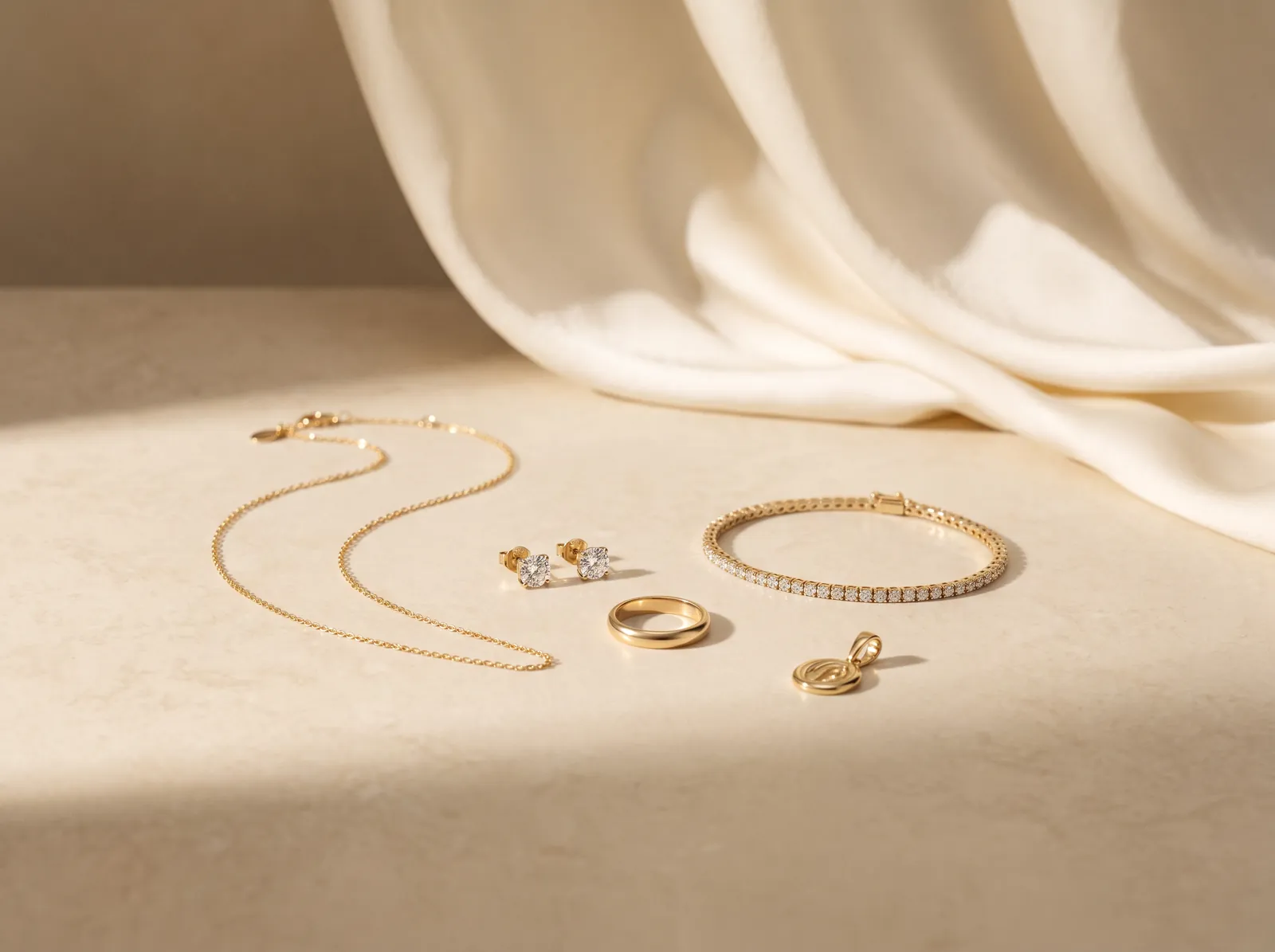 A thin gold chain, a pair of diamond stud earrings, a plain gold ring, a slim diamond bracelet and a small gold pendant laid out together on a cream stone surface.
