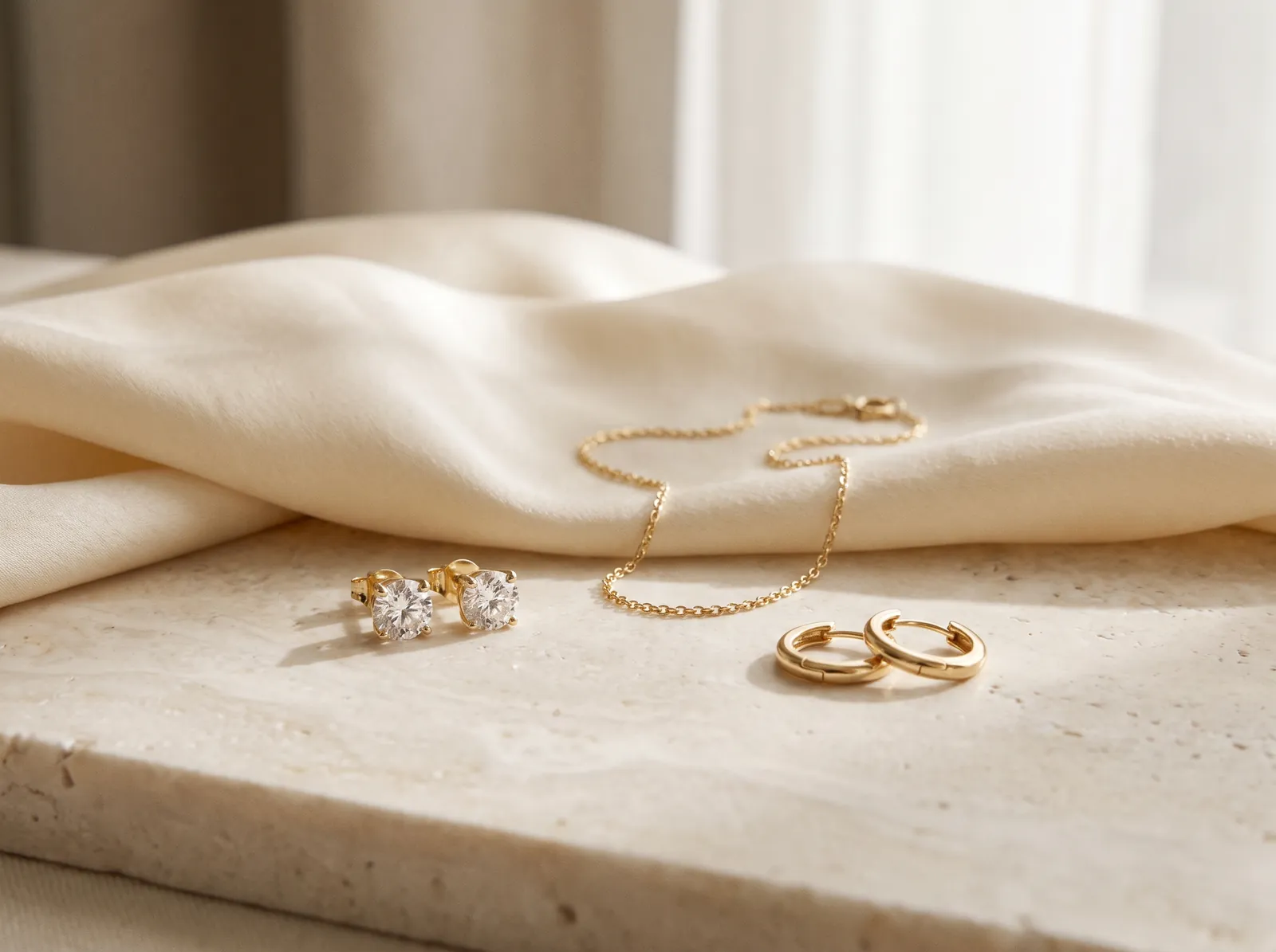 Diamond stud earrings, a fine gold chain necklace and a pair of gold huggie hoops on cream silk over a pale stone ledge.