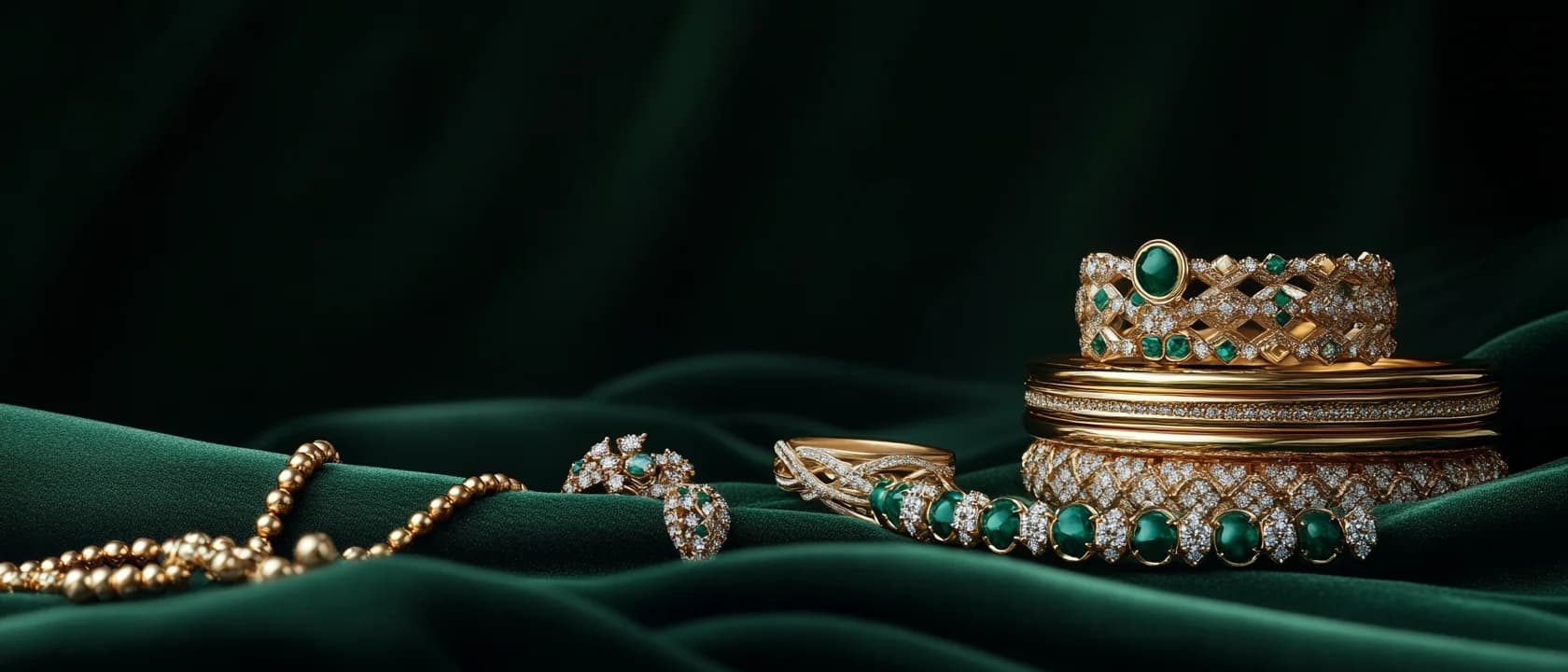 Layered fine jewelry on cream silk
