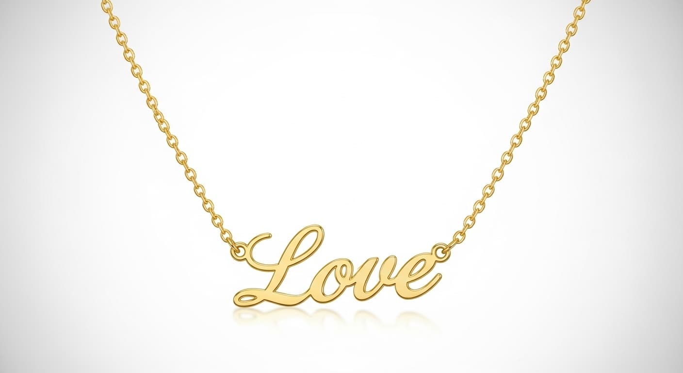 Gold script name necklaces laid out on a white background.