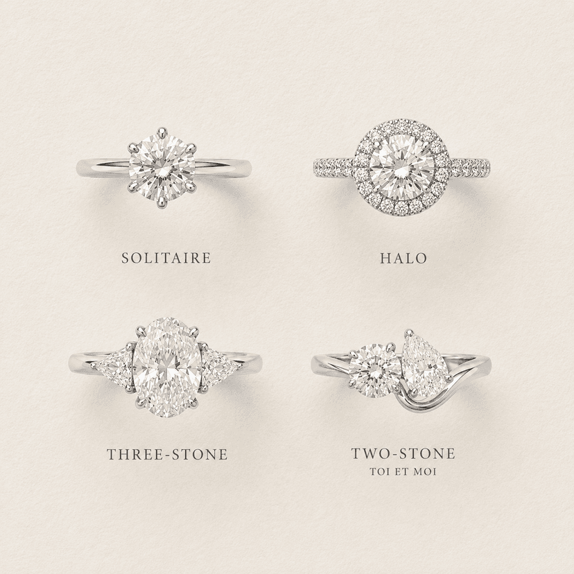 Comparison of four engagement ring settings: solitaire, halo, three stone, and two stone toi-et-moi
