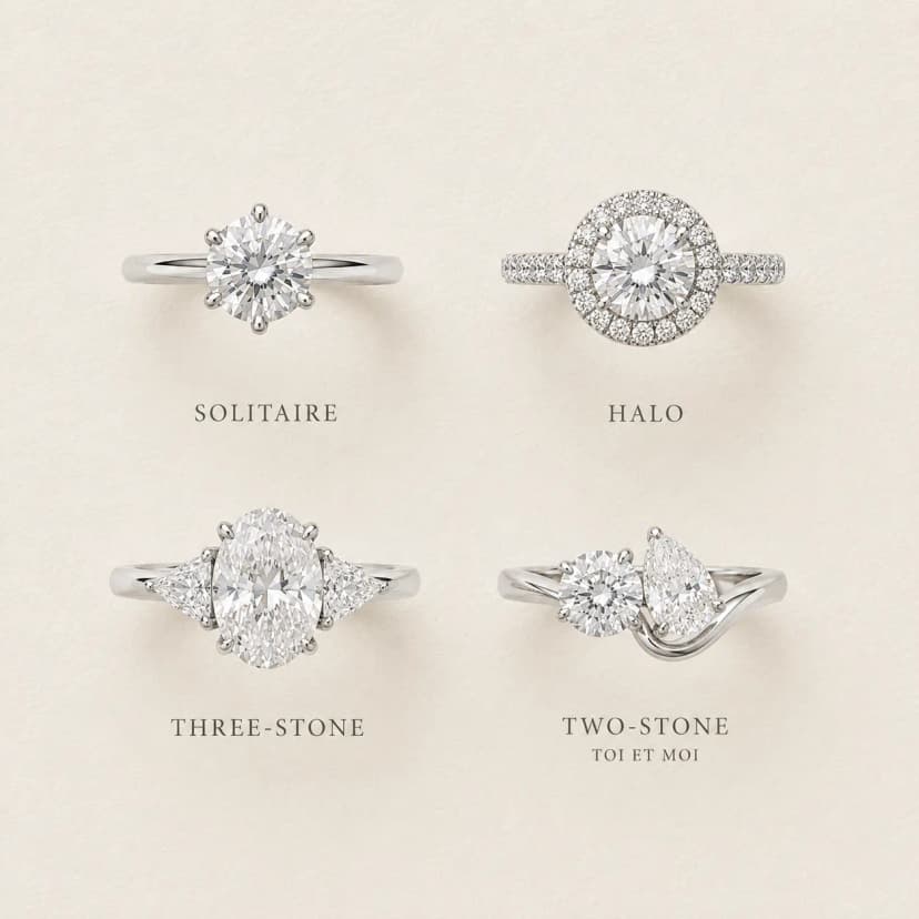 Comparison of four engagement ring settings: solitaire, halo, three stone, and two stone toi-et-moi