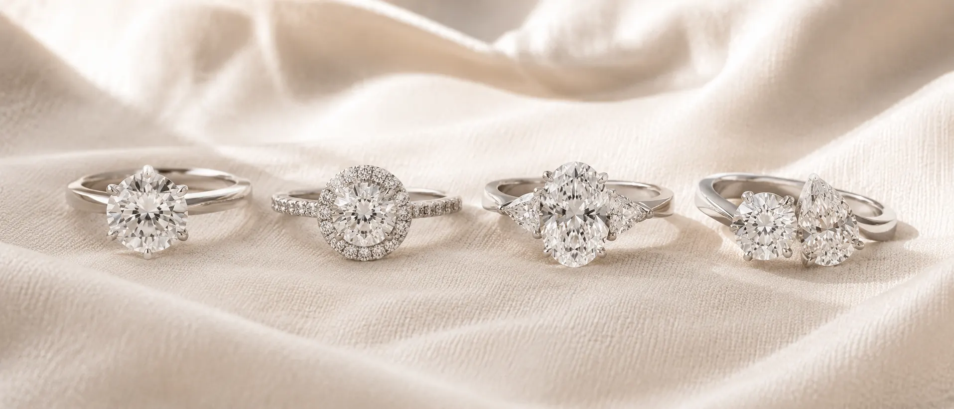A range of engagement ring settings — solitaire, halo, three stone, and two stone — handcrafted at ATL Luxury Jewelry in Atlanta