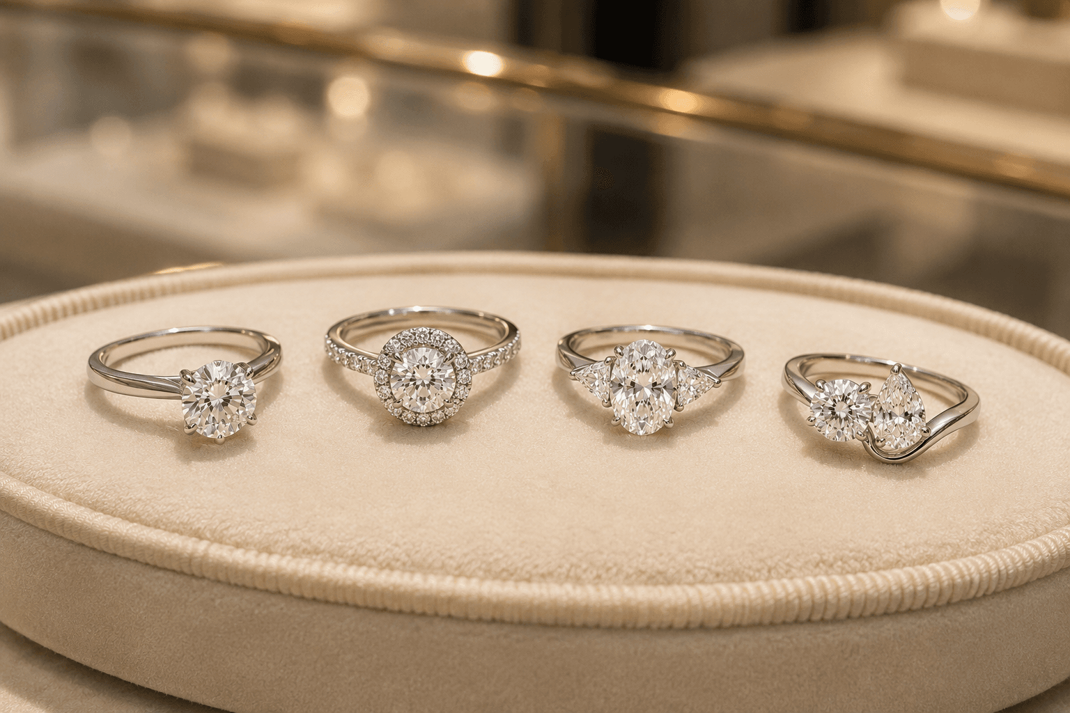A selection of engagement rings on a tray at the ATL Luxury Jewelers showroom