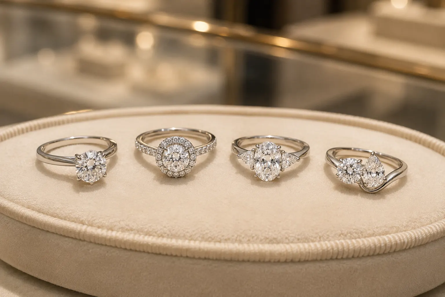 A selection of engagement rings on a tray at the ATL Luxury Jewelry showroom