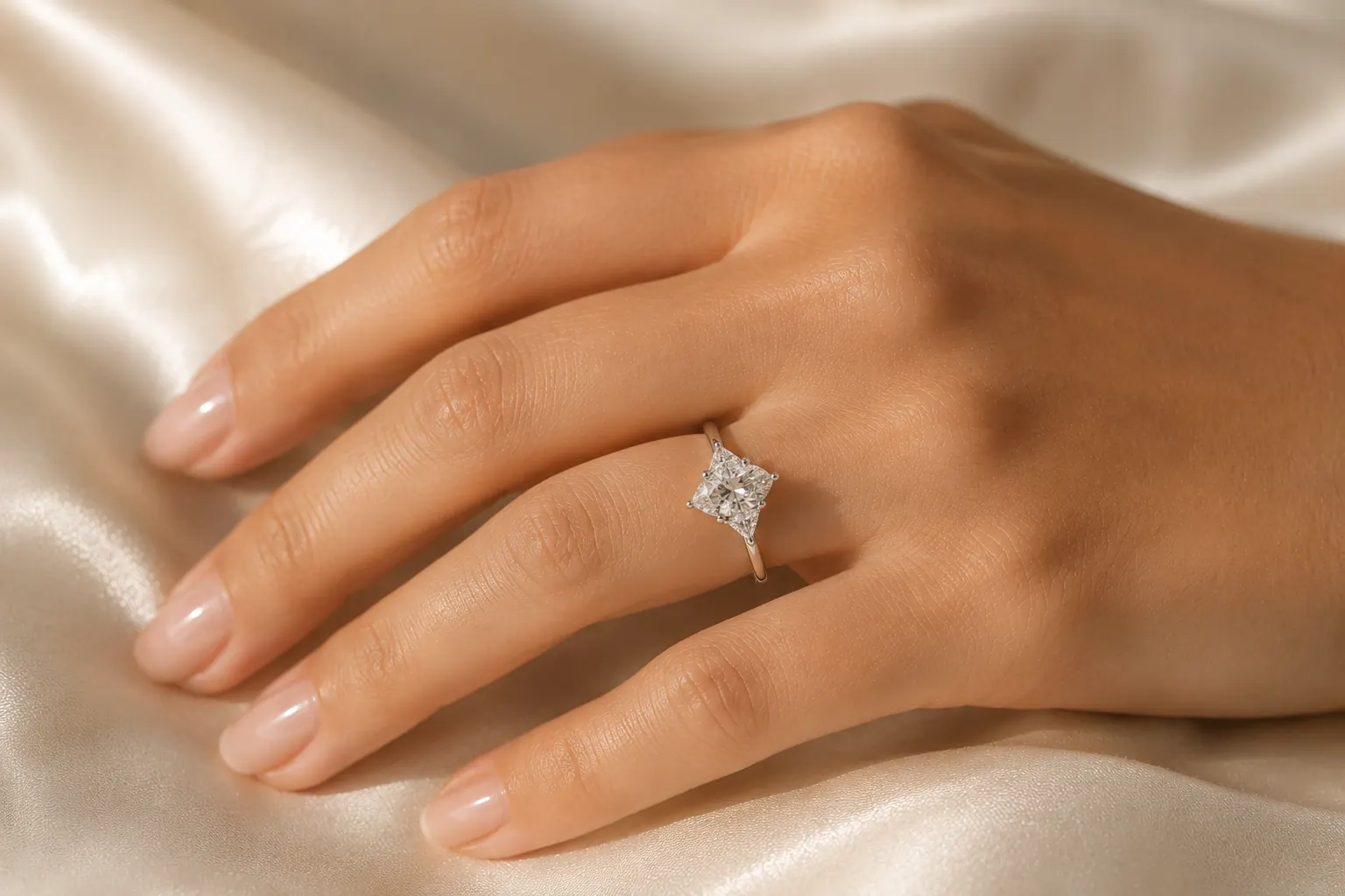 Three stone diamond engagement ring on a woman's hand resting on cream silk