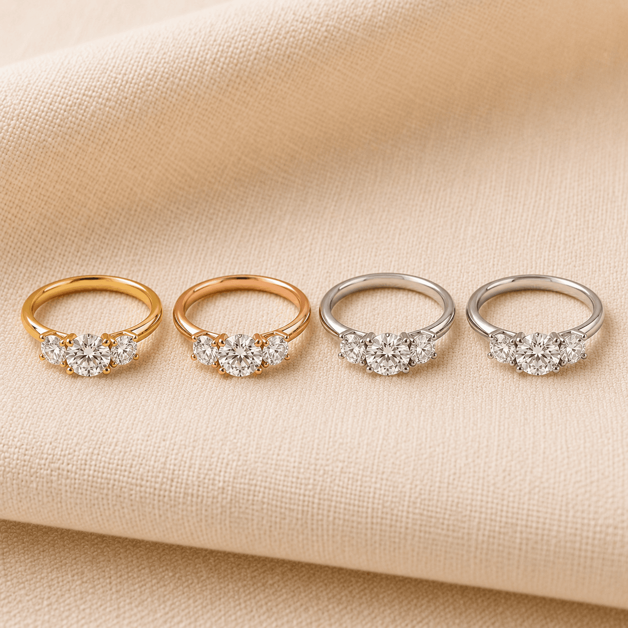Three stone engagement rings in white gold, yellow gold, rose gold, and platinum at ATL Luxury Jewelers Atlanta