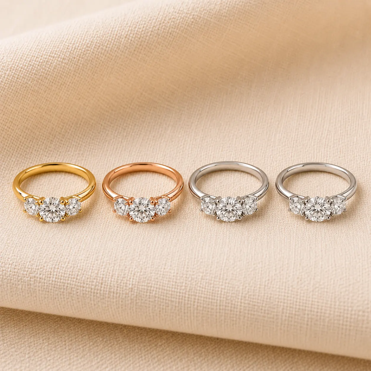 Three stone engagement rings in white gold, yellow gold, rose gold, and platinum at ATL Luxury Jewelry Atlanta