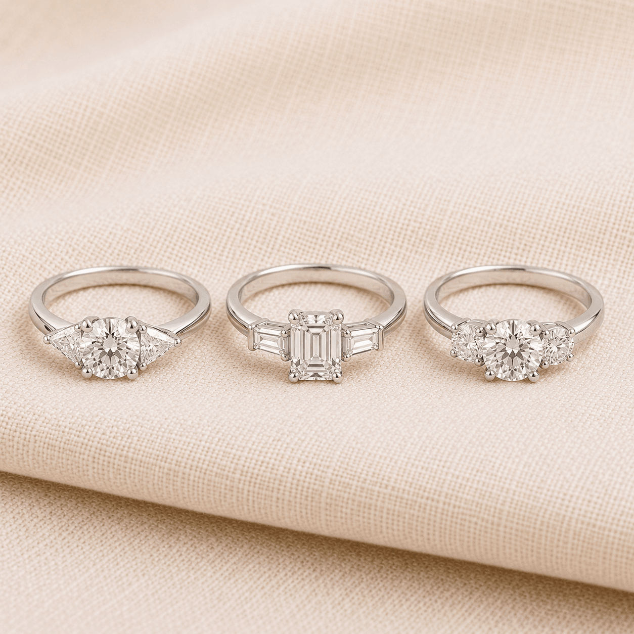Three stone side stone variants — trillion, baguette, and round side stones at ATL Luxury Jewelers Atlanta