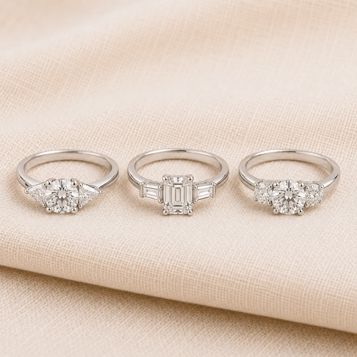 Three stone side stone variants — trillion, baguette, and round side stones at ATL Luxury Jewelry Atlanta