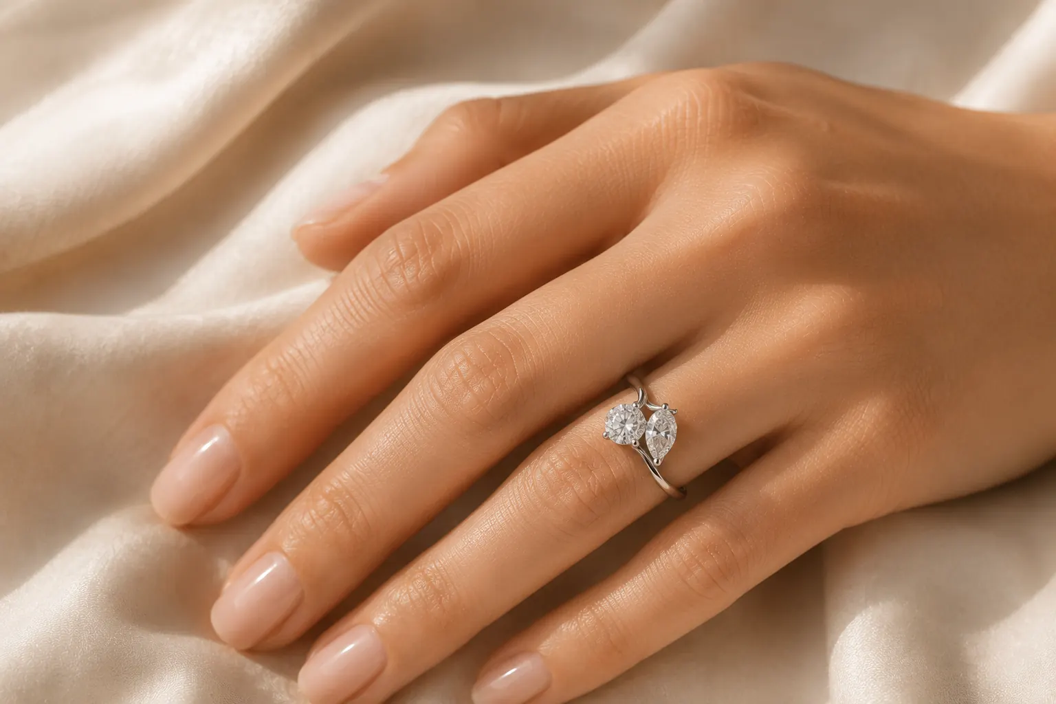 Two stone toi-et-moi engagement ring on a woman's hand resting on cream silk