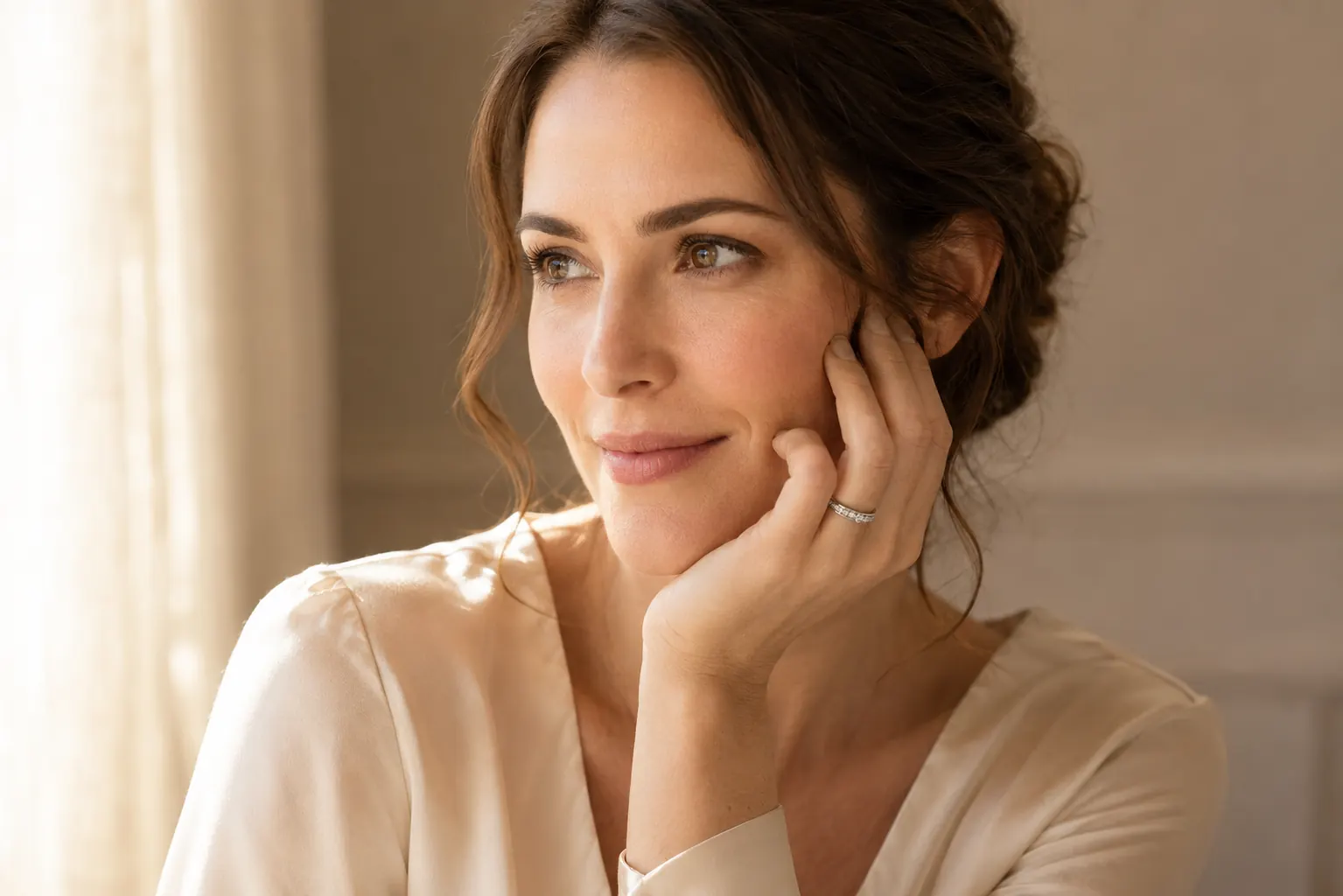 Woman wearing a vintage milgrain diamond wedding band, hand resting on cream silk