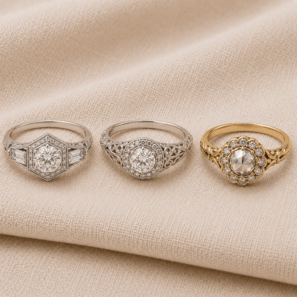 Art Deco, Edwardian, and Victorian engagement ring era comparison at ATL Luxury Jewelers Atlanta
