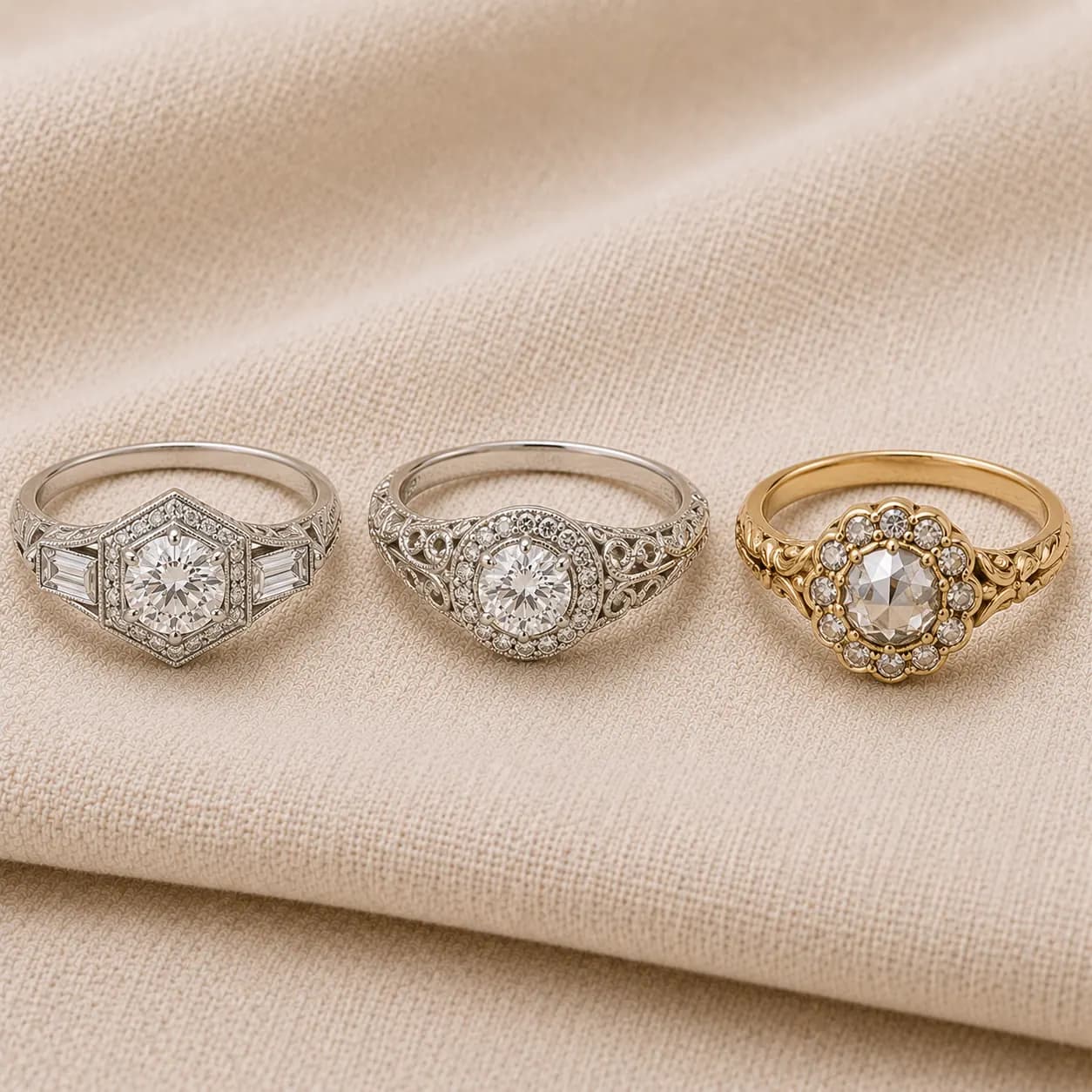 Art Deco, Edwardian, and Victorian engagement ring era comparison at ATL Luxury Jewelry Atlanta