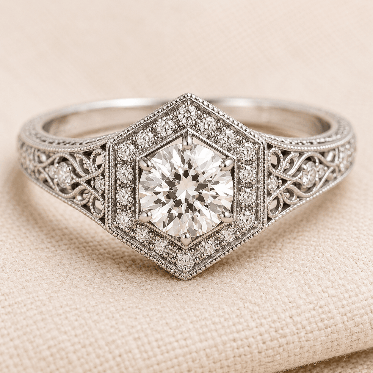Vintage milgrain and filigree engagement ring detail at ATL Luxury Jewelers Atlanta