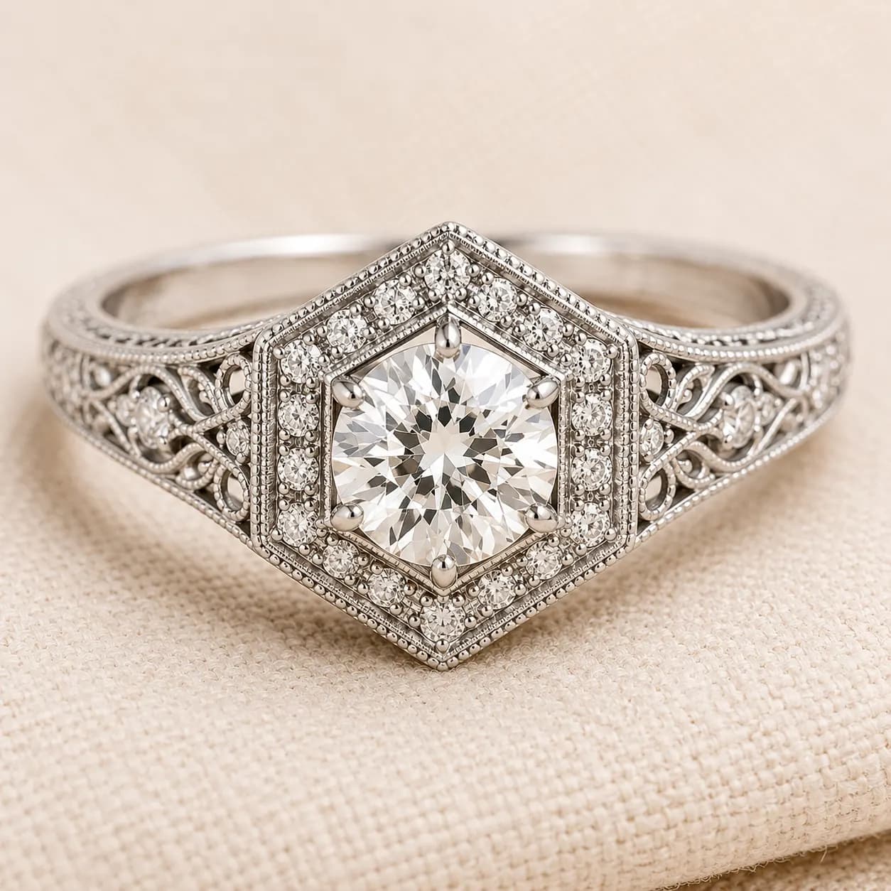 Vintage milgrain and filigree engagement ring detail at ATL Luxury Jewelry Atlanta