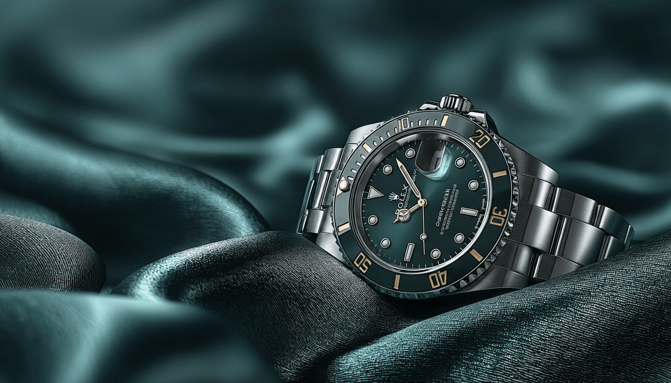 Luxury Rolex timepiece on emerald silk