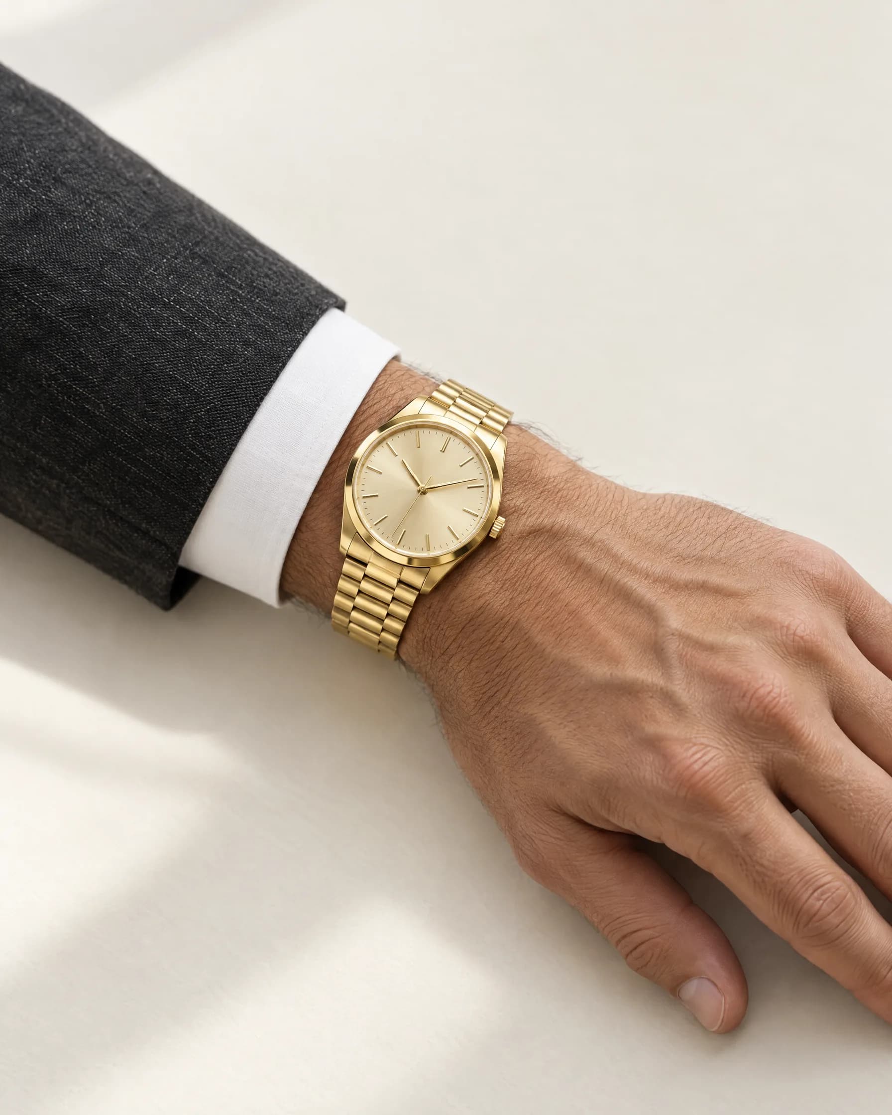 A yellow-gold watch on a man's wrist, white shirt cuff and charcoal sleeve