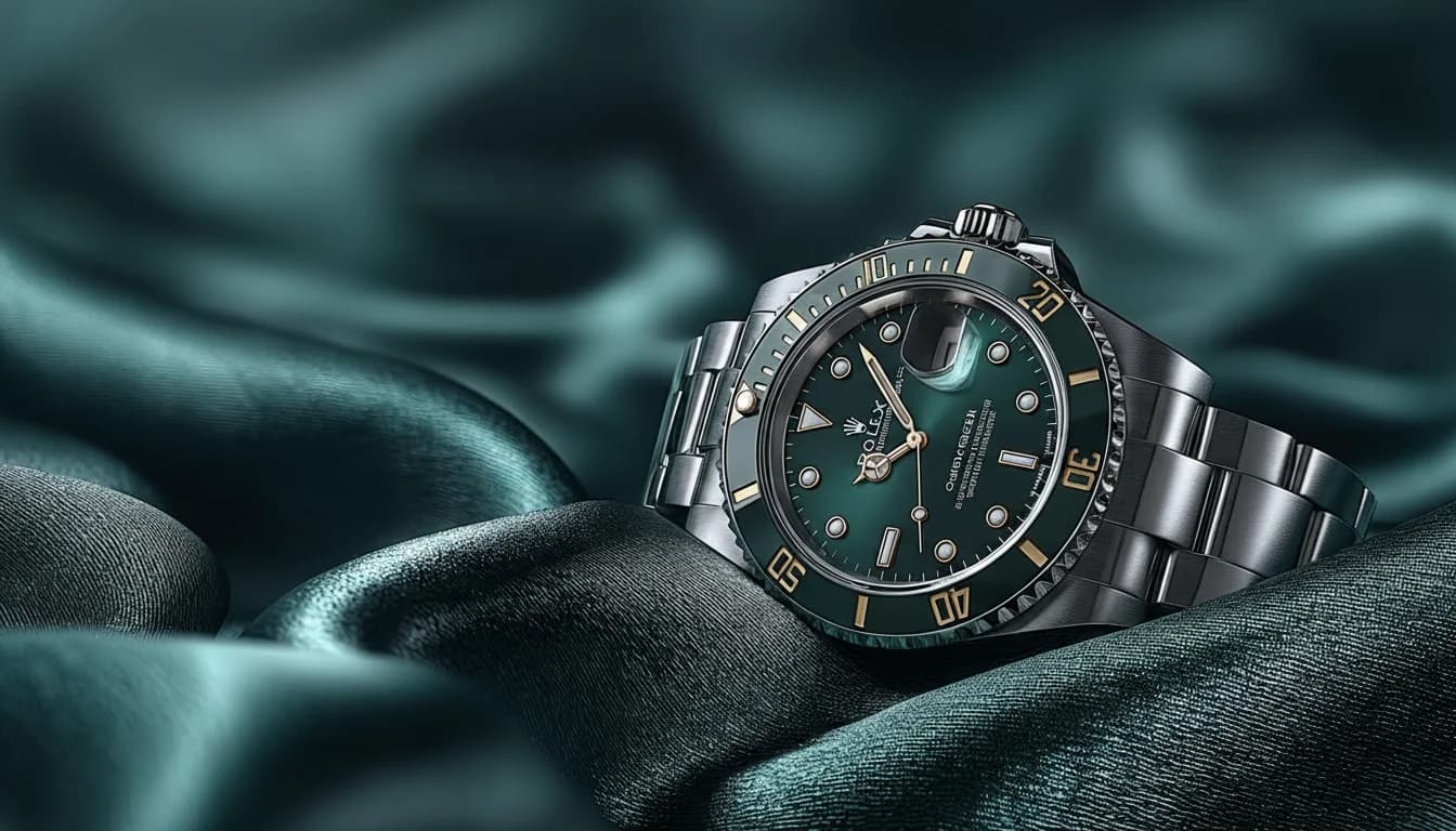 Luxury Rolex timepiece on emerald silk