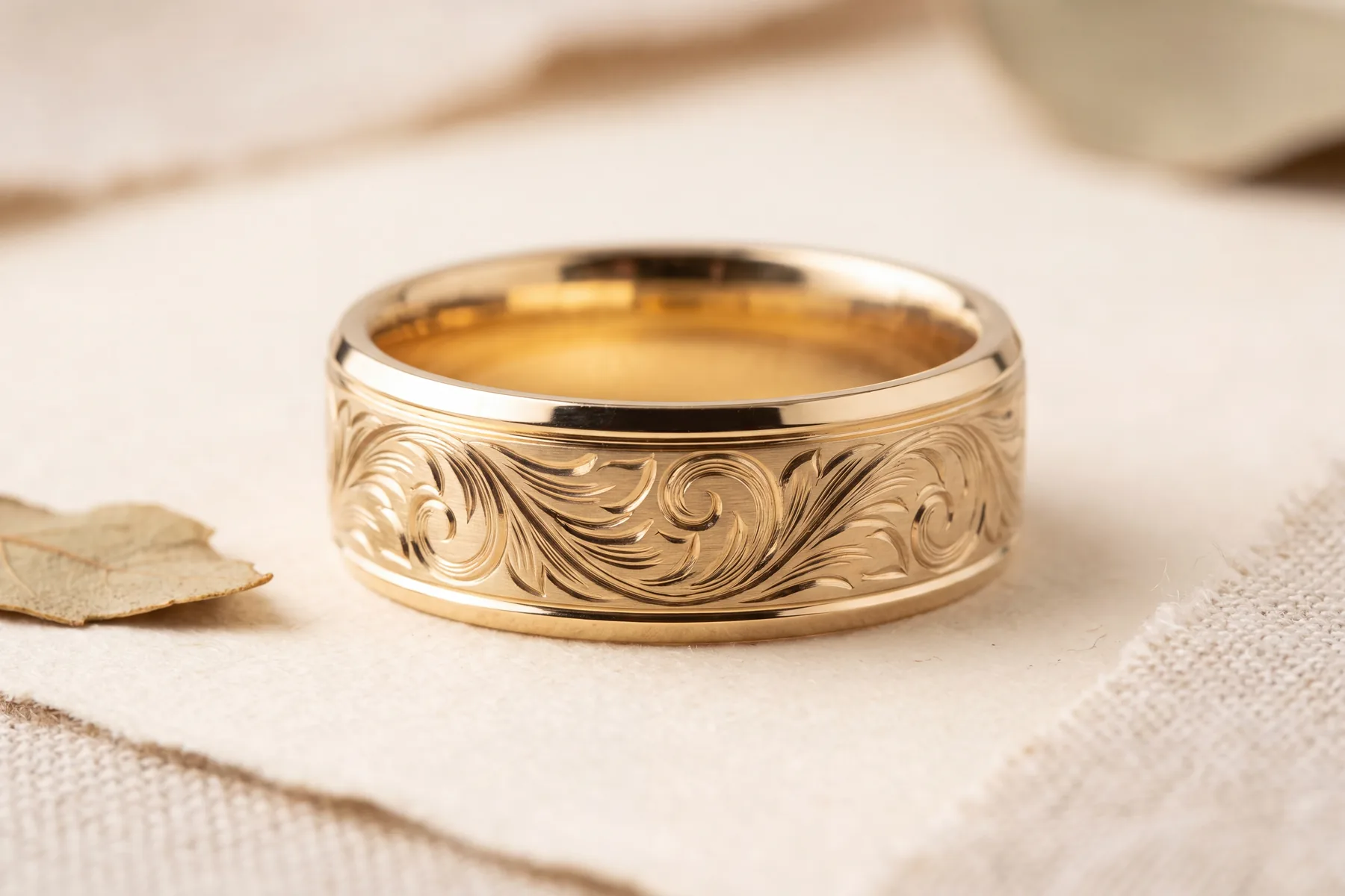 A design study on a cream surface: a wide yellow gold band cut with a repeating engraved pattern around its face