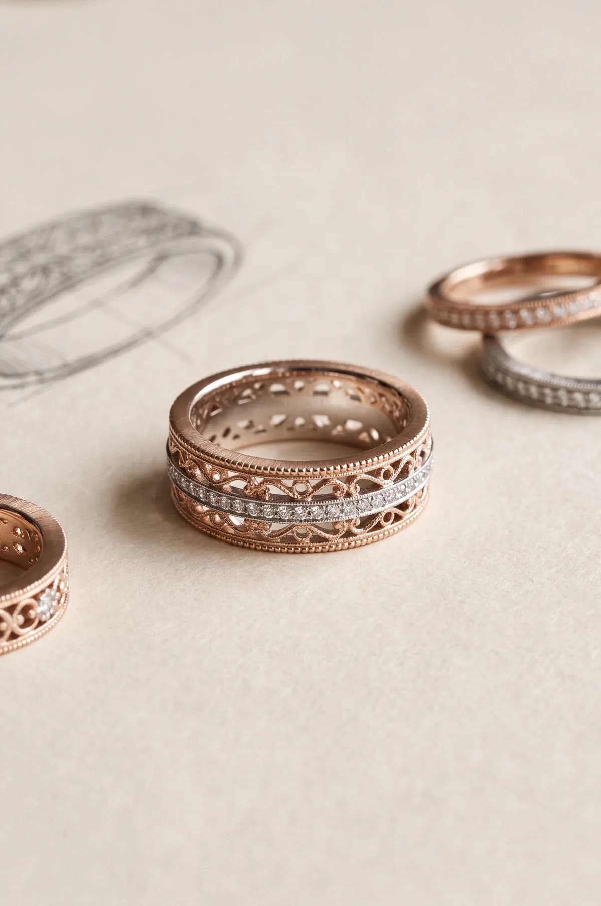 A design study on a warm cream surface: a two-tone band in rose and white gold with pierced filigree along the sides and milgrain on both edges
