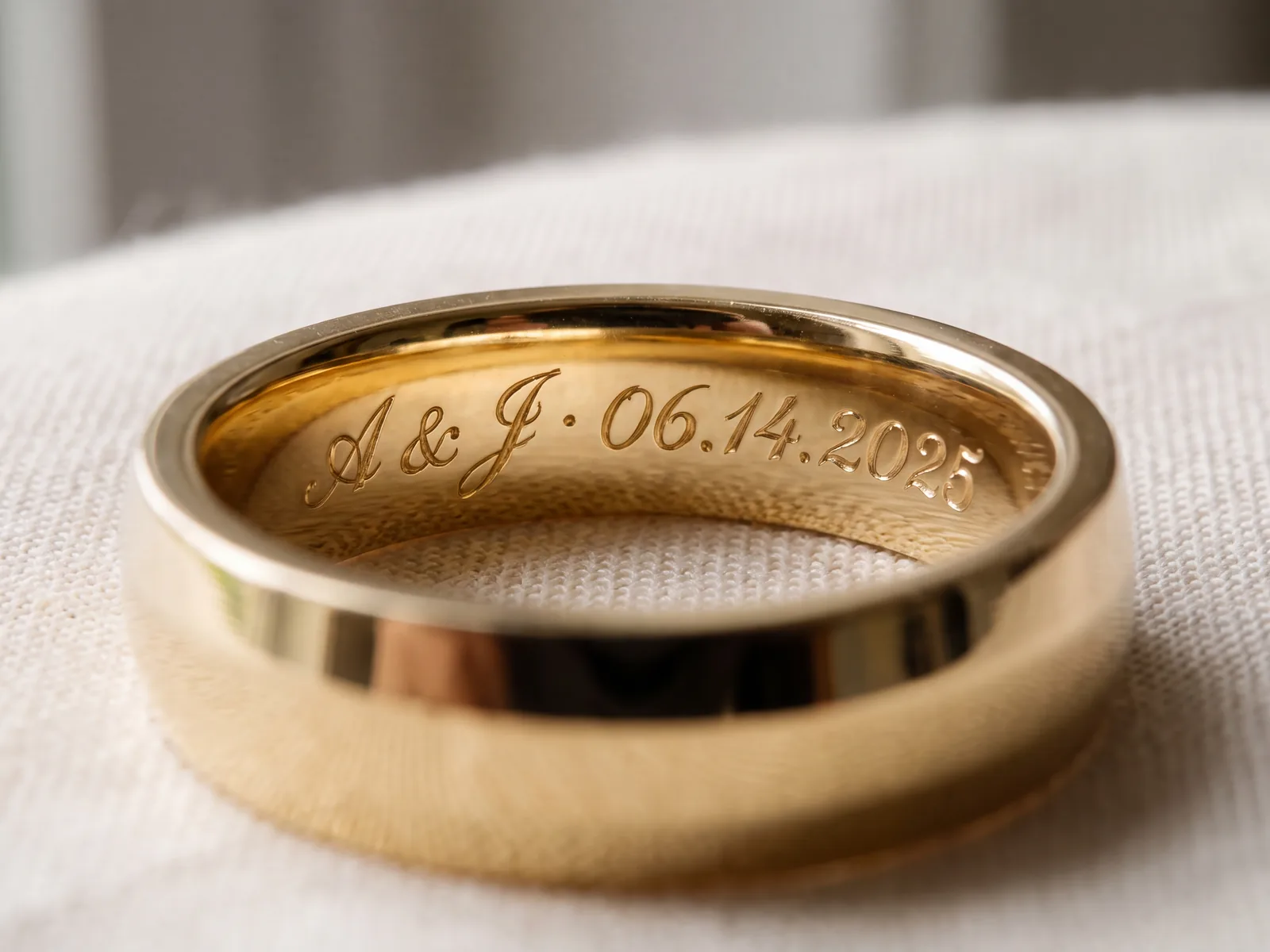 The inside of a plain gold band engraved with two initials and a wedding date