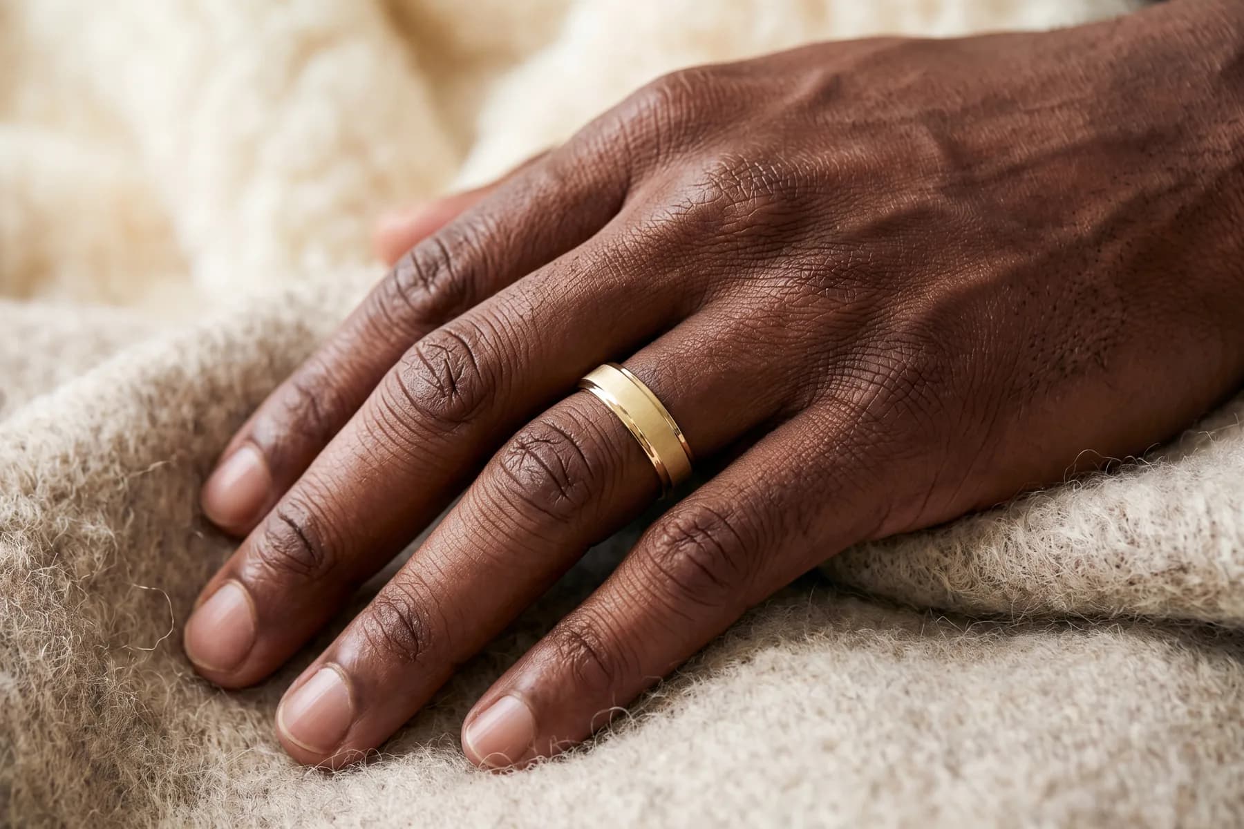 Close-up of a hand against a cream sleeve, wearing a wide yellow gold band with a grooved flat face