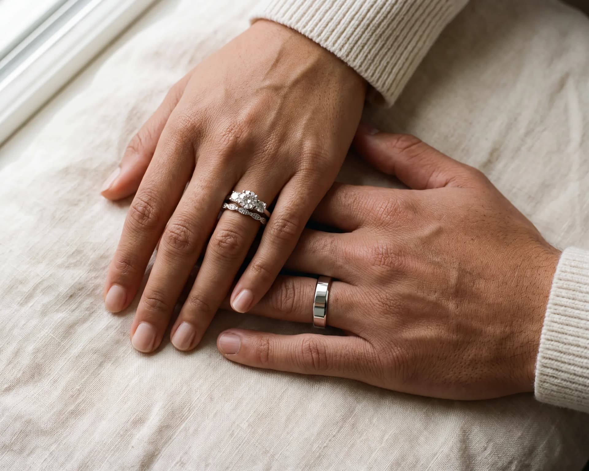 A couple's hands resting on cream linen, her engagement ring stacked with a diamond wedding band and his plain gold band beside it