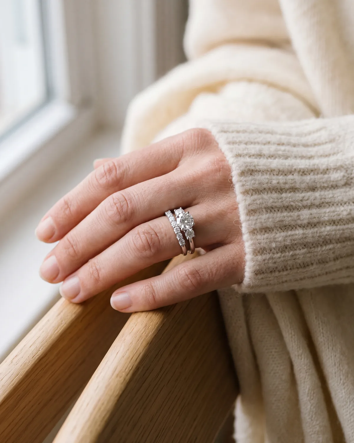 A hand wearing a three-stone engagement ring with a thin diamond band tucked in beneath the side stones