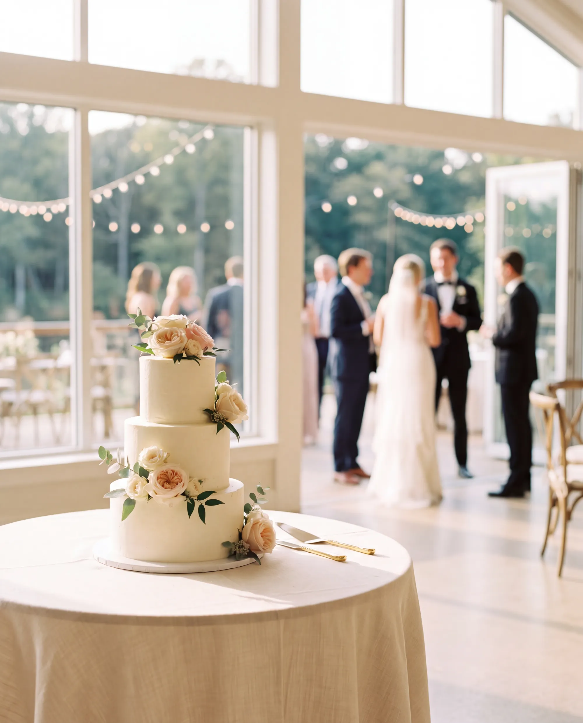A three-tier white wedding cake with blush roses at a riverside reception, with the couple and guests in the background