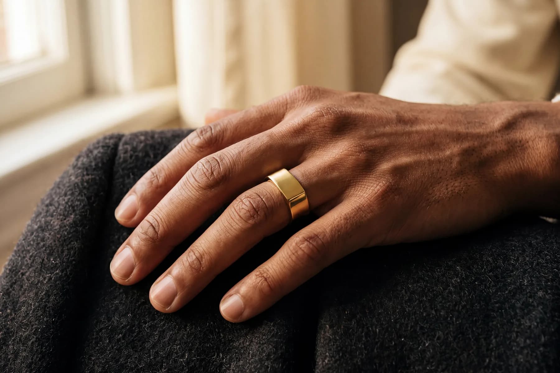 A man's hand resting on dark wool, wearing a wide yellow gold band with a square profile
