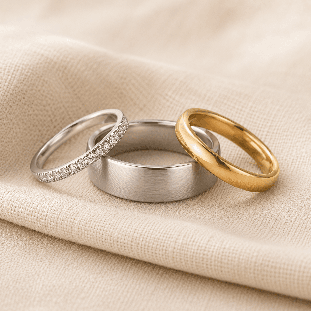 Three wedding bands showing women's, men's, and unisex options — slim white gold diamond pavé, wide brushed platinum men's band, and mid-width yellow gold plain band at ATL Luxury Jewelers Atlanta