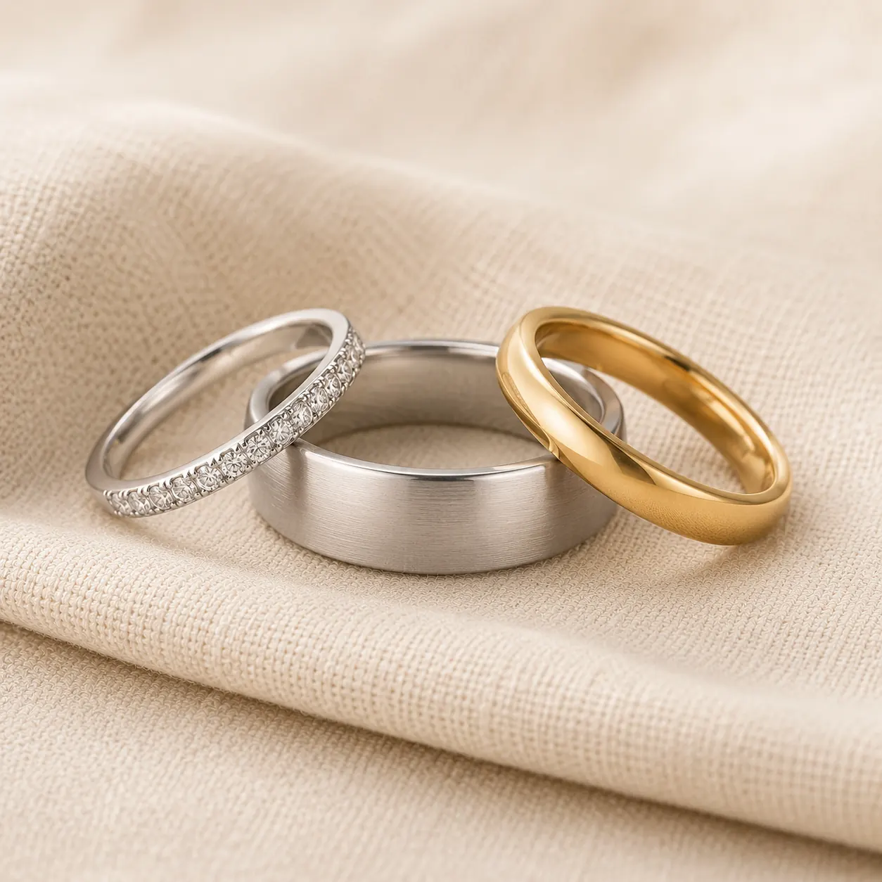 Three wedding bands showing women's, men's, and unisex options — slim white gold diamond pavé, wide brushed platinum men's band, and mid-width yellow gold plain band at ATL Luxury Jewelry Atlanta