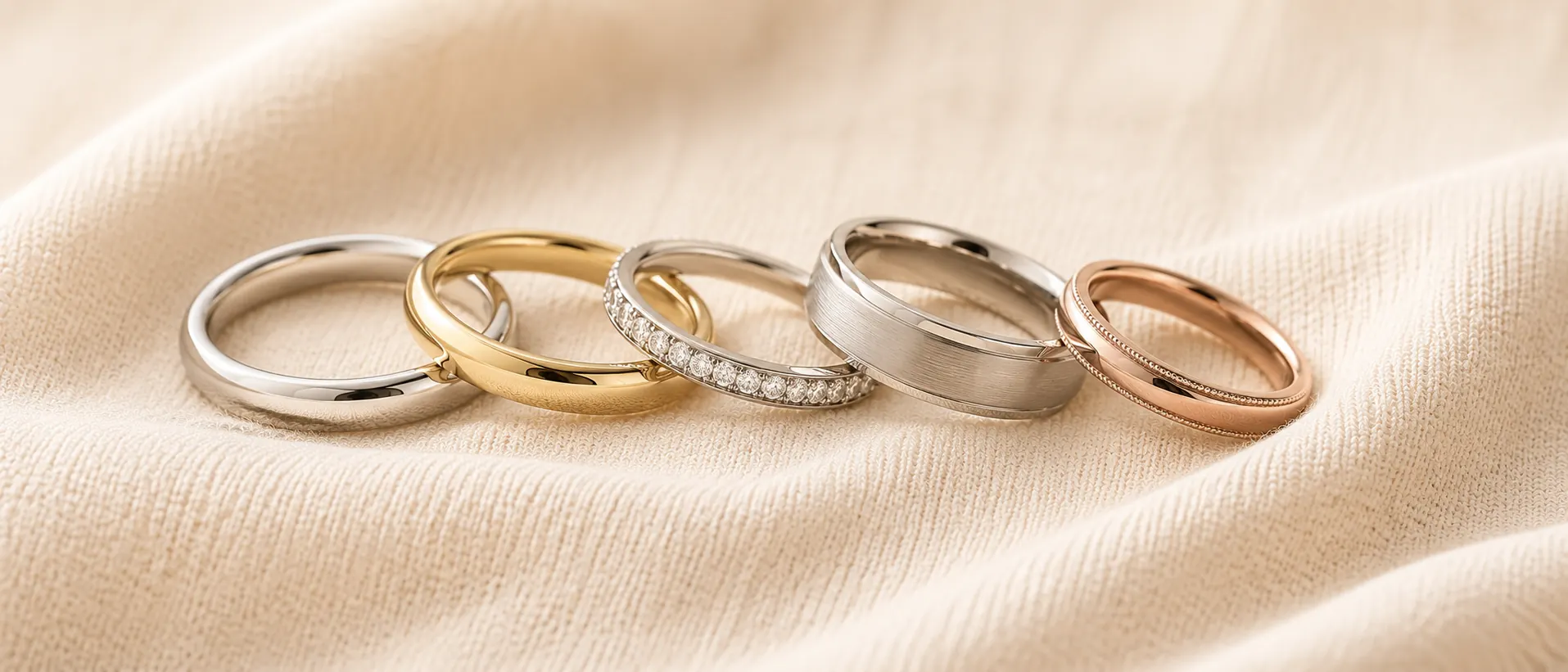 ATL Luxury Jewelry wedding band collection — platinum, gold, rose gold, diamond, and men's bands on cream linen