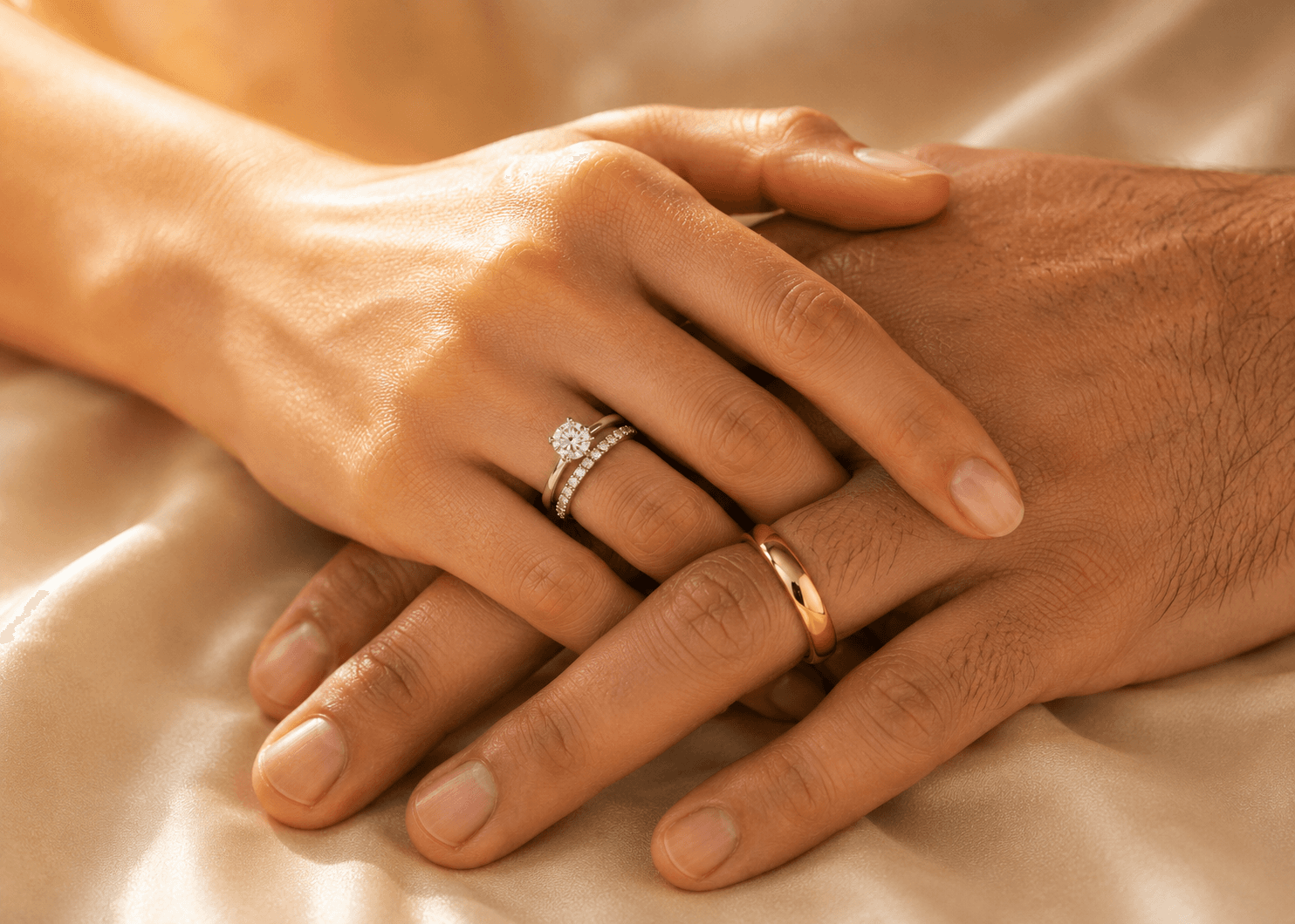 Couple's hands with paired wedding bands