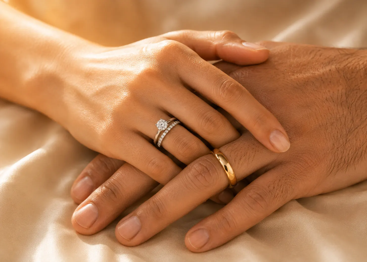 Couple's hands with paired wedding bands