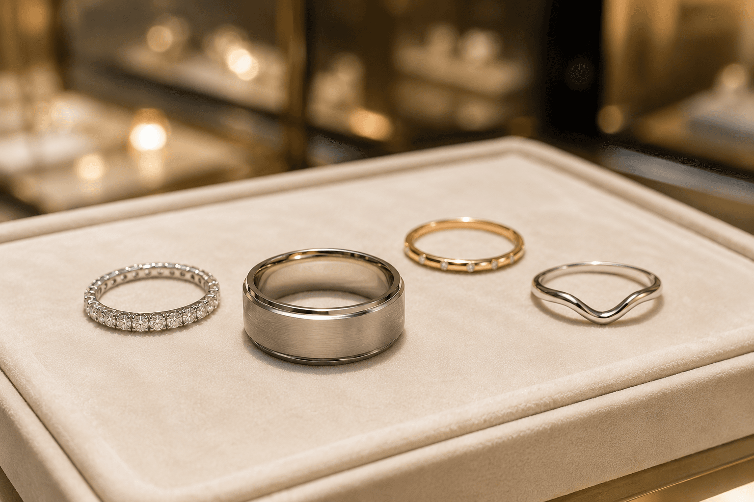 Couple's hands wearing wedding bands at ATL Luxury Jewelers Atlanta