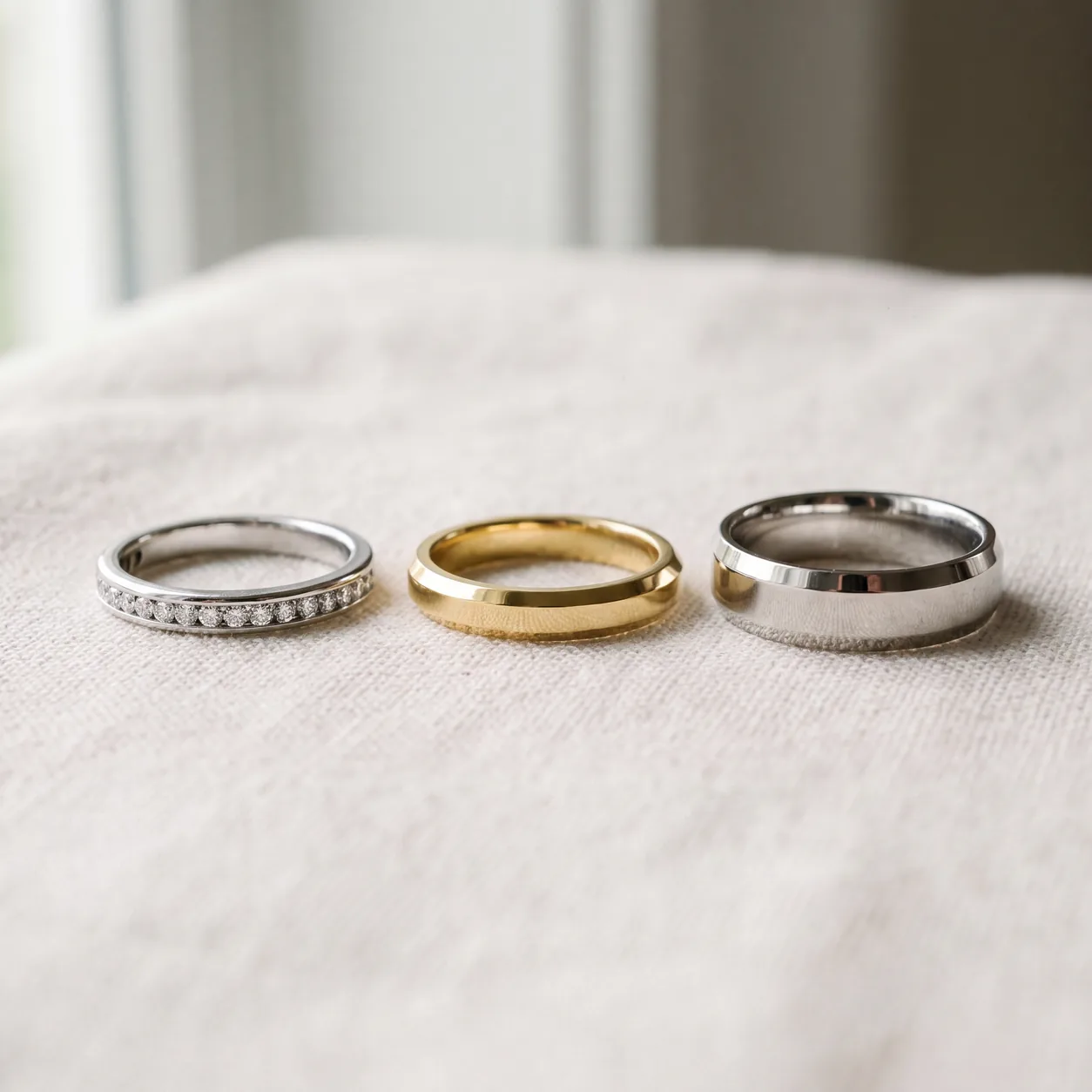 Three wedding bands in different widths side by side on cream linen