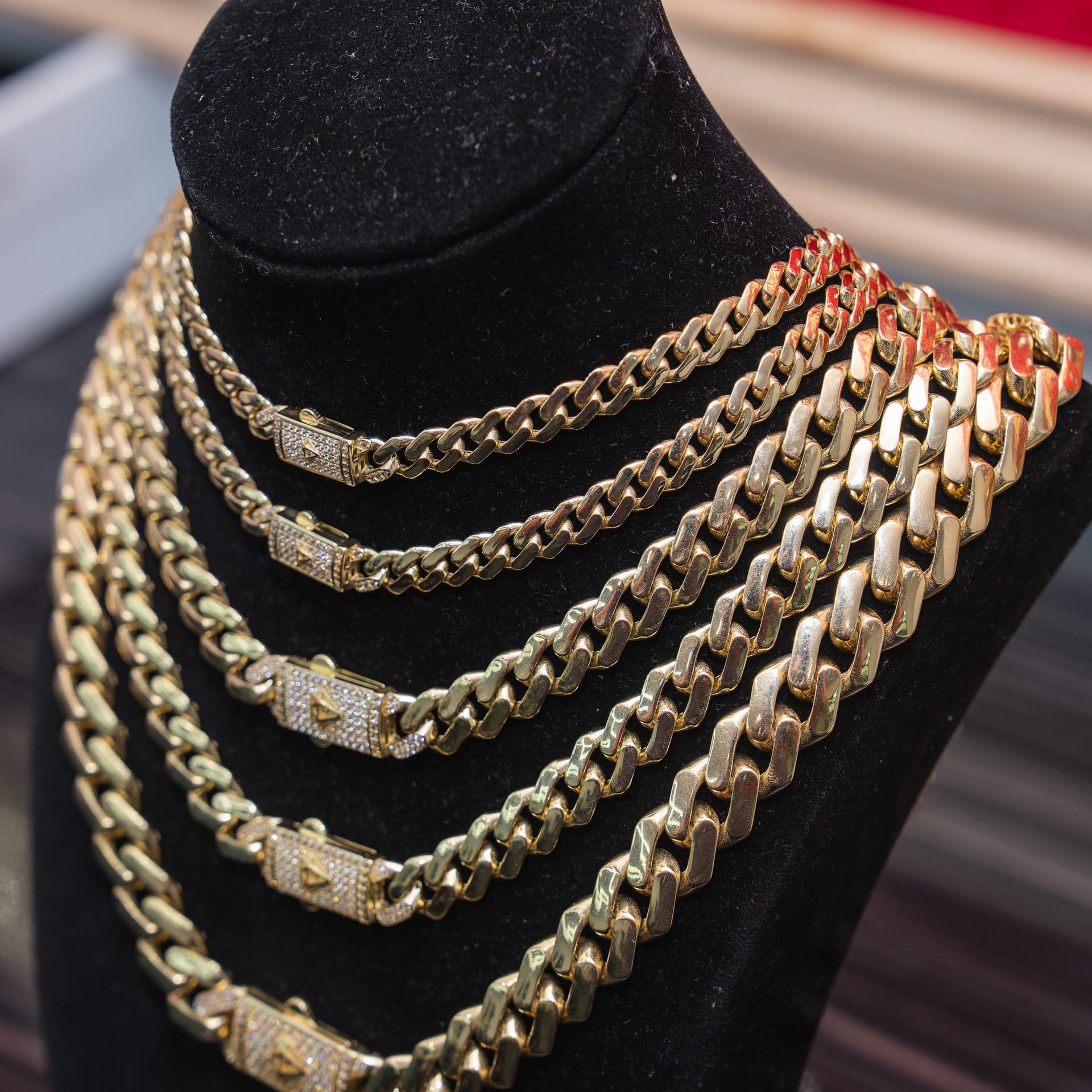 Hollow 14K Yellow Gold Miami Cuban Chain, 12mm Wide, Set with Cubic Zirconia (CZ), Made To Order., view 3