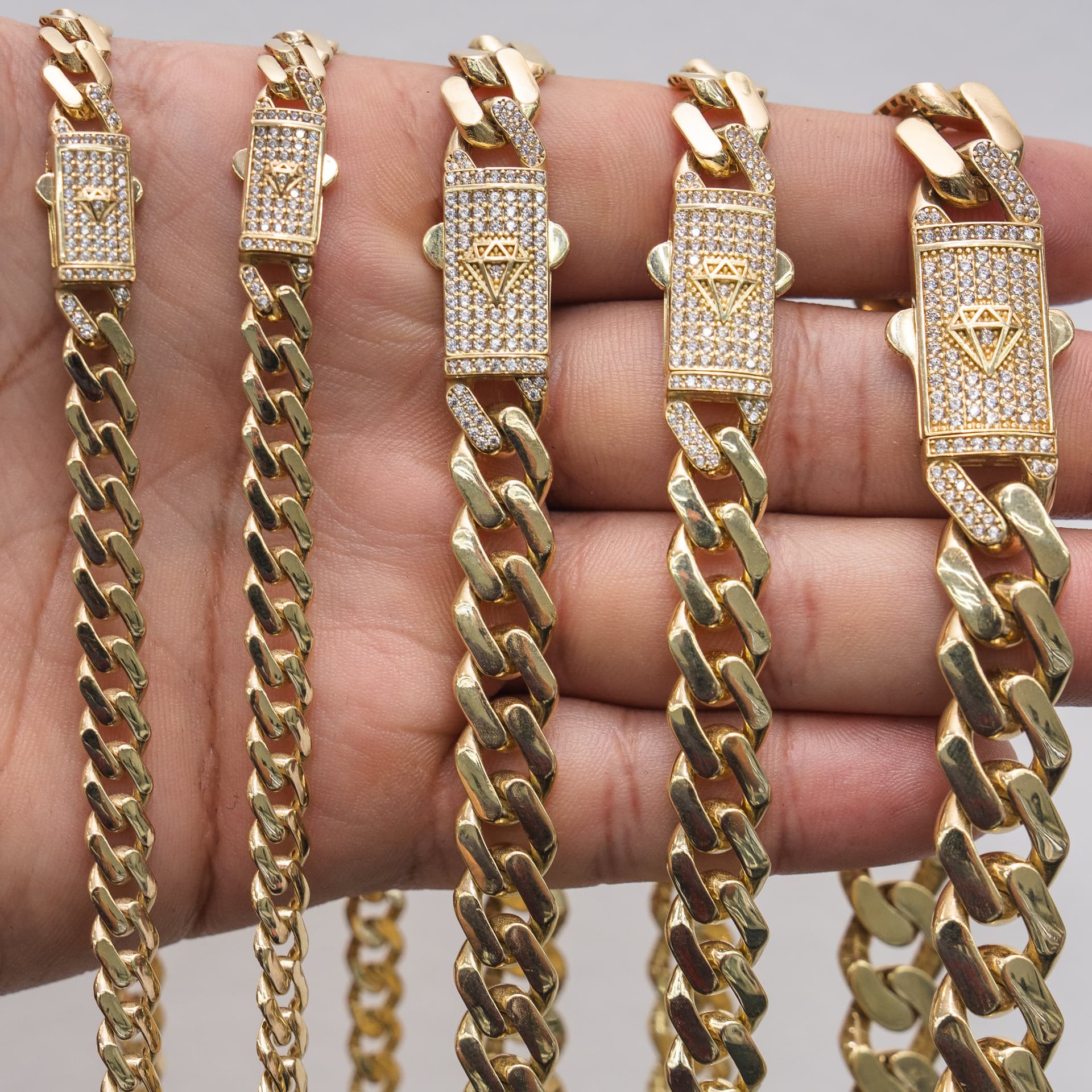 Hollow 14K Yellow Gold Miami Cuban Chain, 12mm Wide, Set with Cubic Zirconia (CZ), Made To Order., view 5