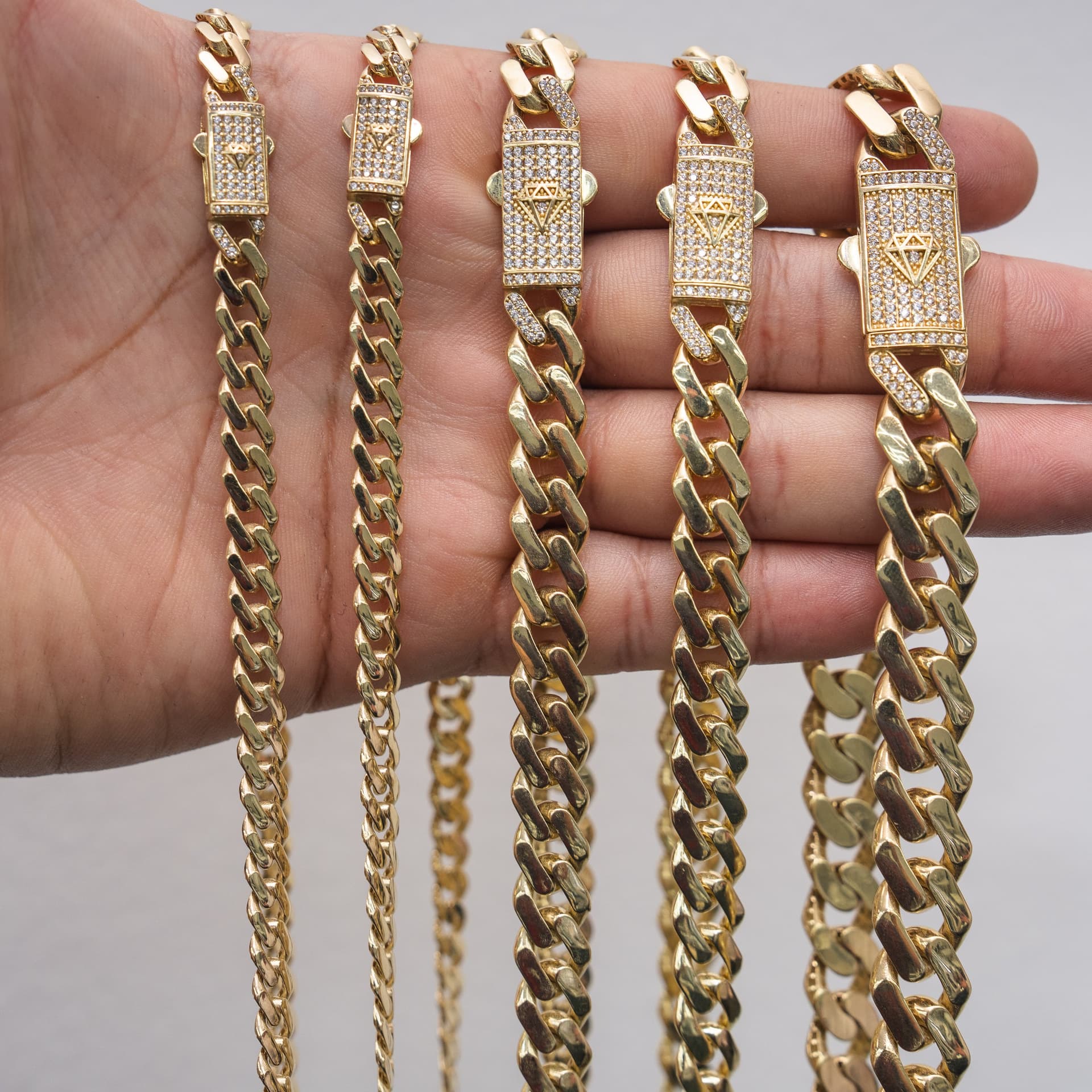 Hollow 14K Yellow Gold Miami Cuban Chain, 7mm Wide, Set with Cubic Zirconia (CZ), Made To Order., view 4