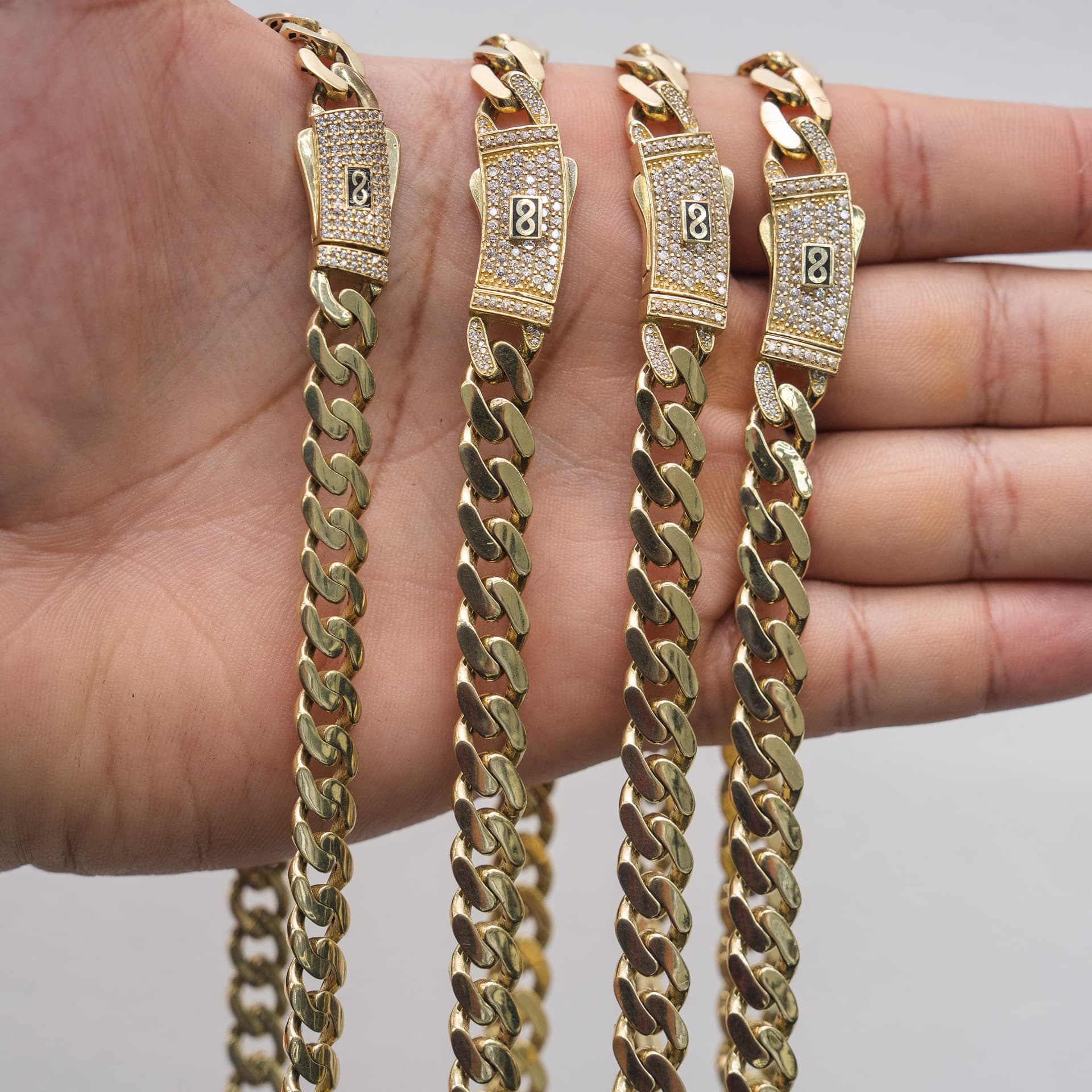 Hollow 14K Yellow Gold Miami Cuban Chain, 8.5mm Wide, Set with Cubic Zirconia (CZ), Made To Order., view 4